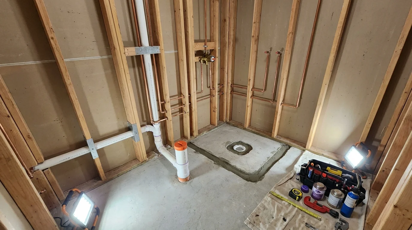 Bathroom rough-in plumbing during remodel by Johns Plumbing LLC in England