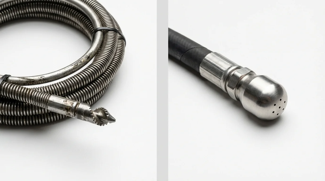 Drain snake cable and hydro jetting nozzle used for drain cleaning in England, AR
