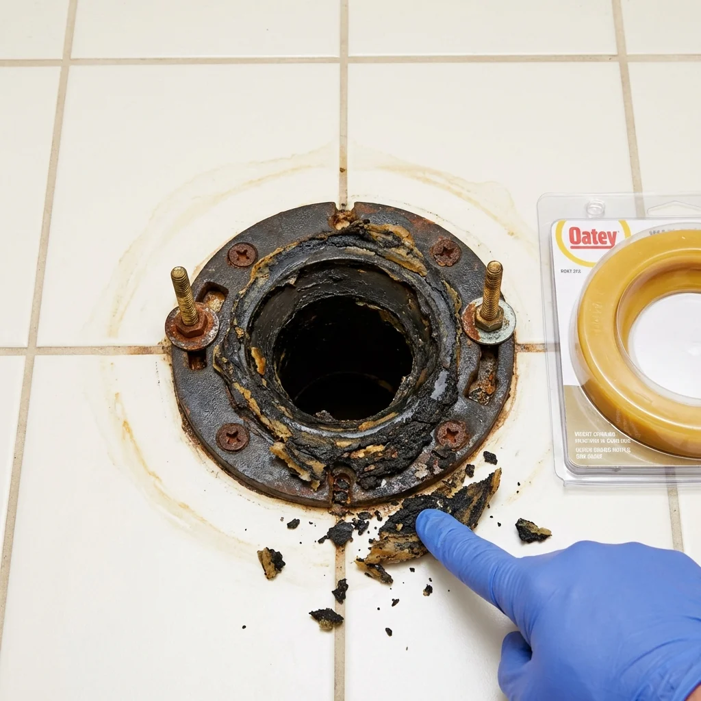 Failed wax ring showing water seepage at the base of a toilet in a England, AR home