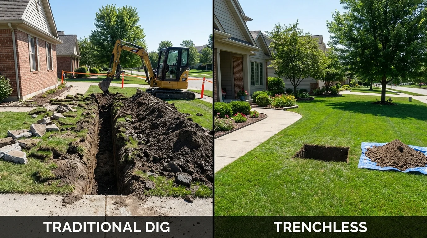 Trenchless sewer repair with minimal yard damage versus traditional excavation in England, AR