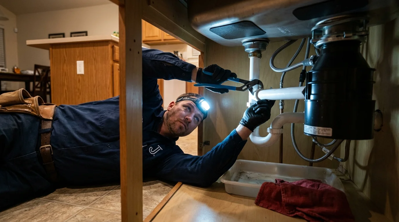 P-trap and supply line connections under a kitchen sink showing a common leak point in England, AR